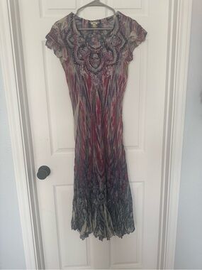 Reba Multicolor Red and Blue Boho Maxi Dress with Beaded Neckline